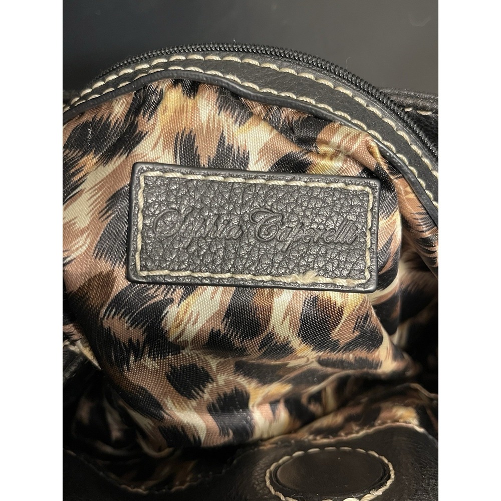 SOPHIA CAPERELLI LARGE BLACK LEATHER SHOULDER BAG PURSE W/LEOPARD PRINT LINING - Picture 7 of 9